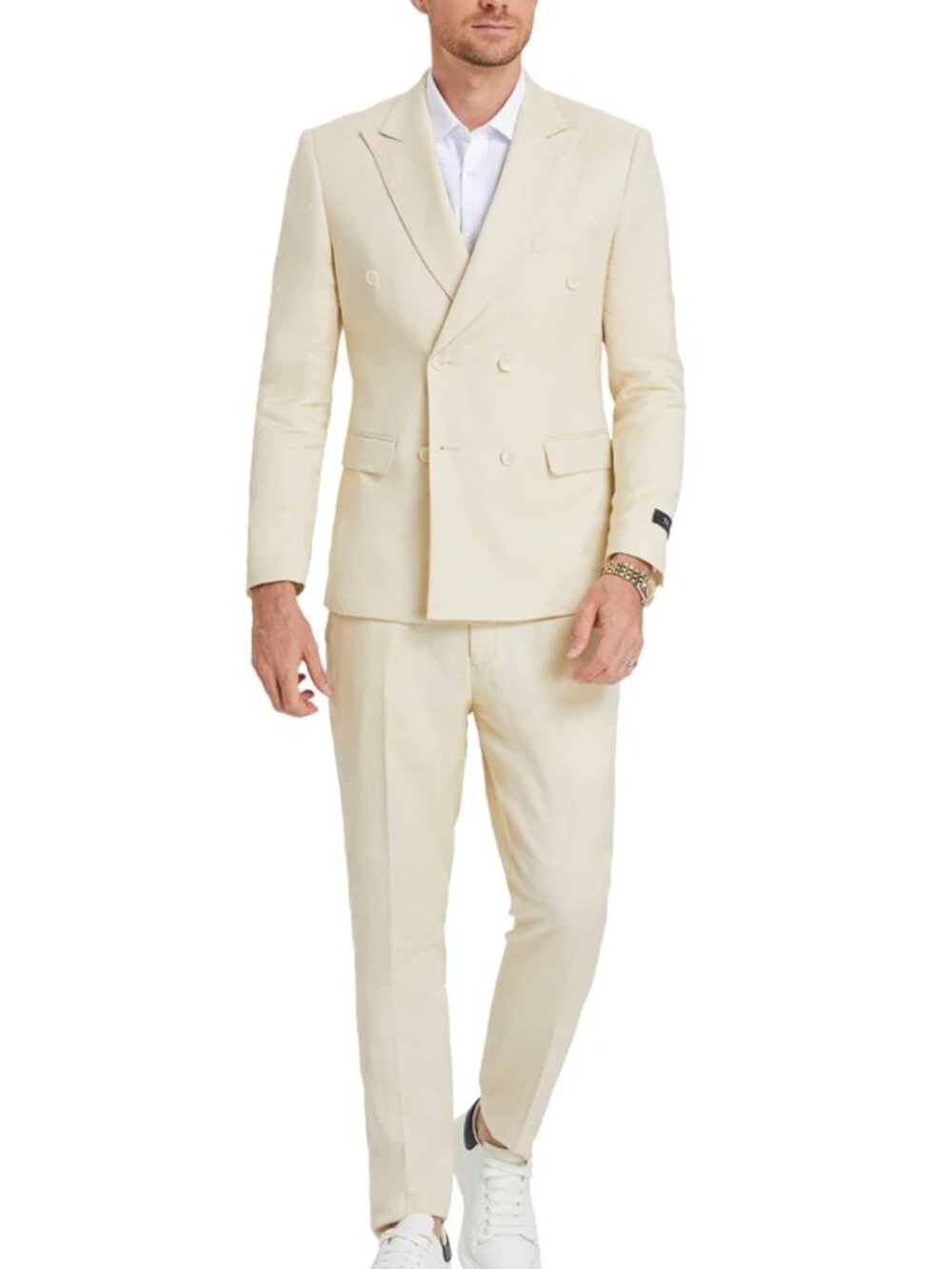 Tan Double Breasted Peak Lapel Linen Skinny Fit Men's Suit